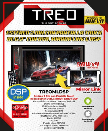 Autoestéreo 2 DIN Treo TREOMLDSP DVD 50 Watts Bluetooth Mirror Link & DSP - Audioshop México lo mejor en Car Audio en México -  Treo